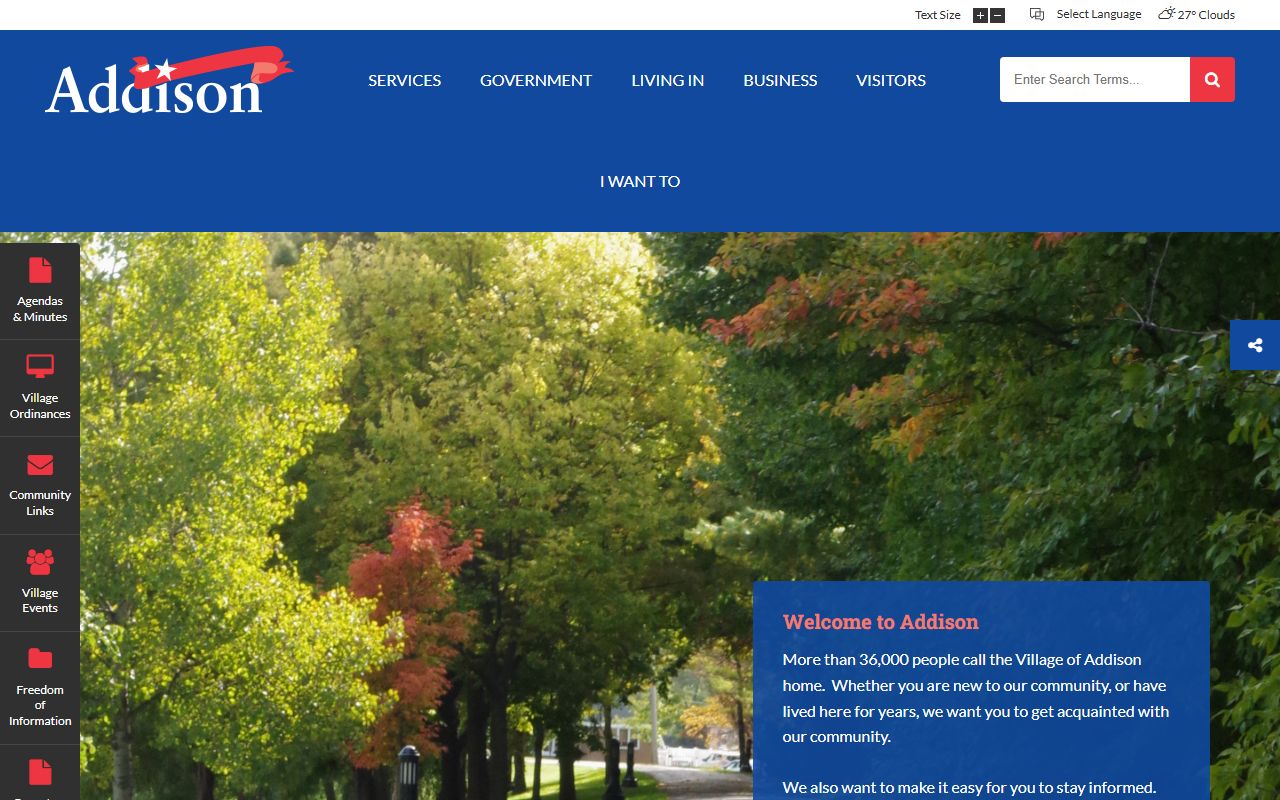Addison White Pages village homepage showing local government services