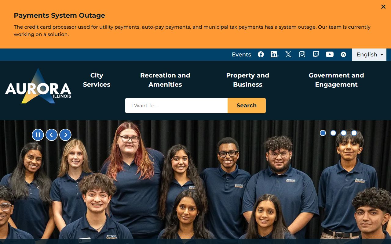 Aurora White Pages city homepage showing government services and contact information