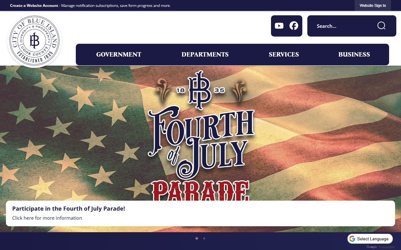 Blue Island White Pages city homepage showing local government services