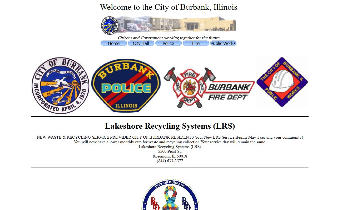 Burbank White Pages city homepage showing government services and contact information