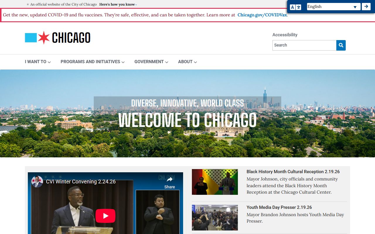 Chicago White Pages city homepage showing government services and departments