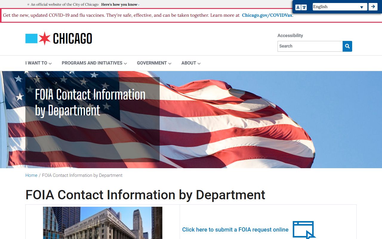 Chicago White Pages FOIA contacts page listing city department record request information