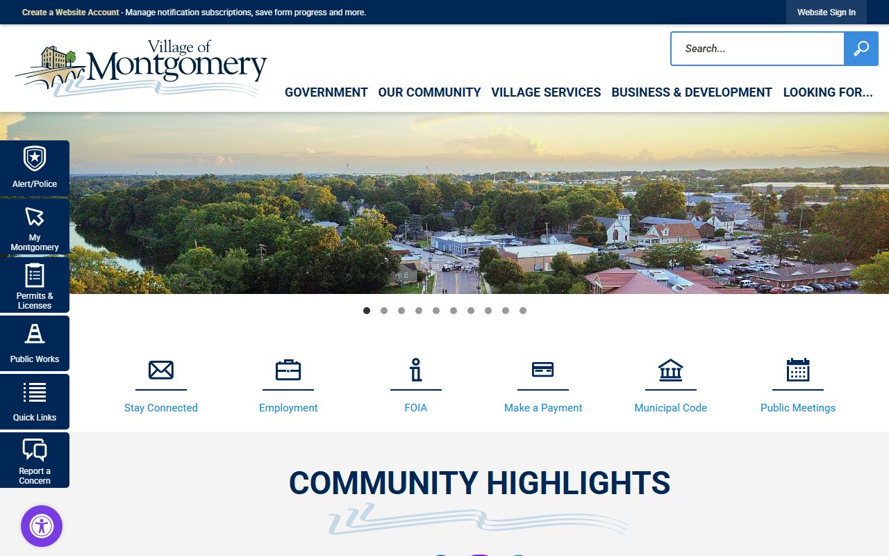 Montgomery White Pages village homepage showing local government services