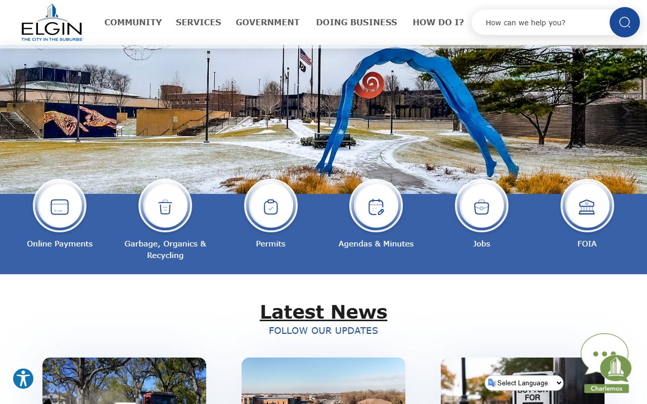 Elgin White Pages city homepage showing government departments and services