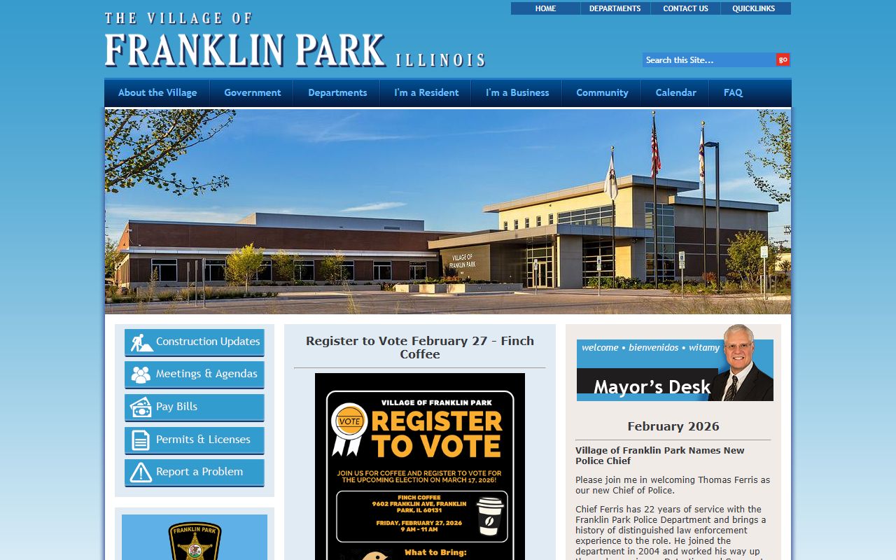 Franklin Park White Pages village homepage showing government services and department contacts