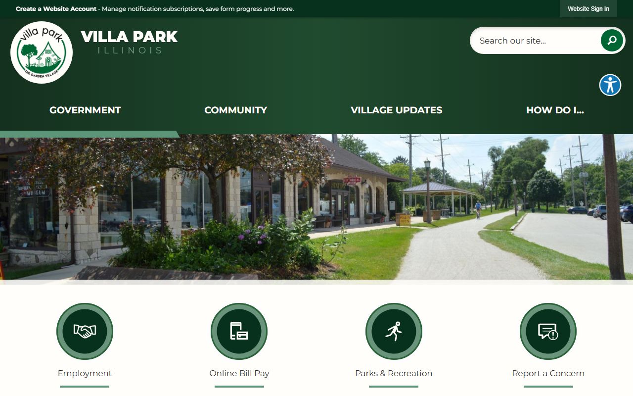 Villa Park White Pages village homepage showing local government services