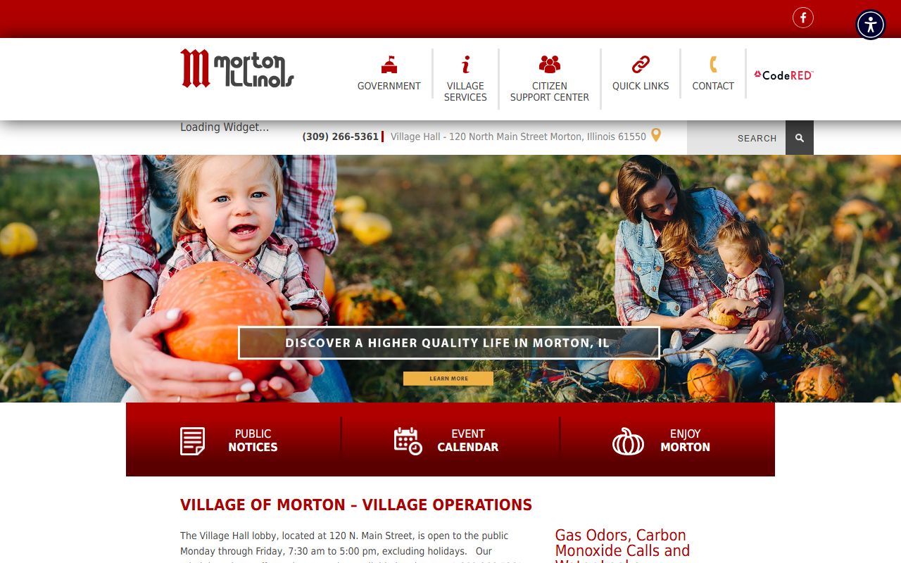 Morton White Pages village homepage showing local government services and contacts