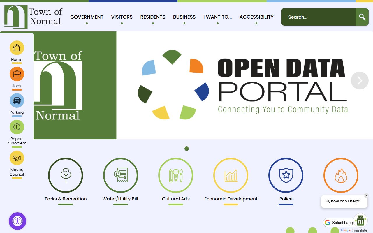 Normal White Pages town homepage showing local government services