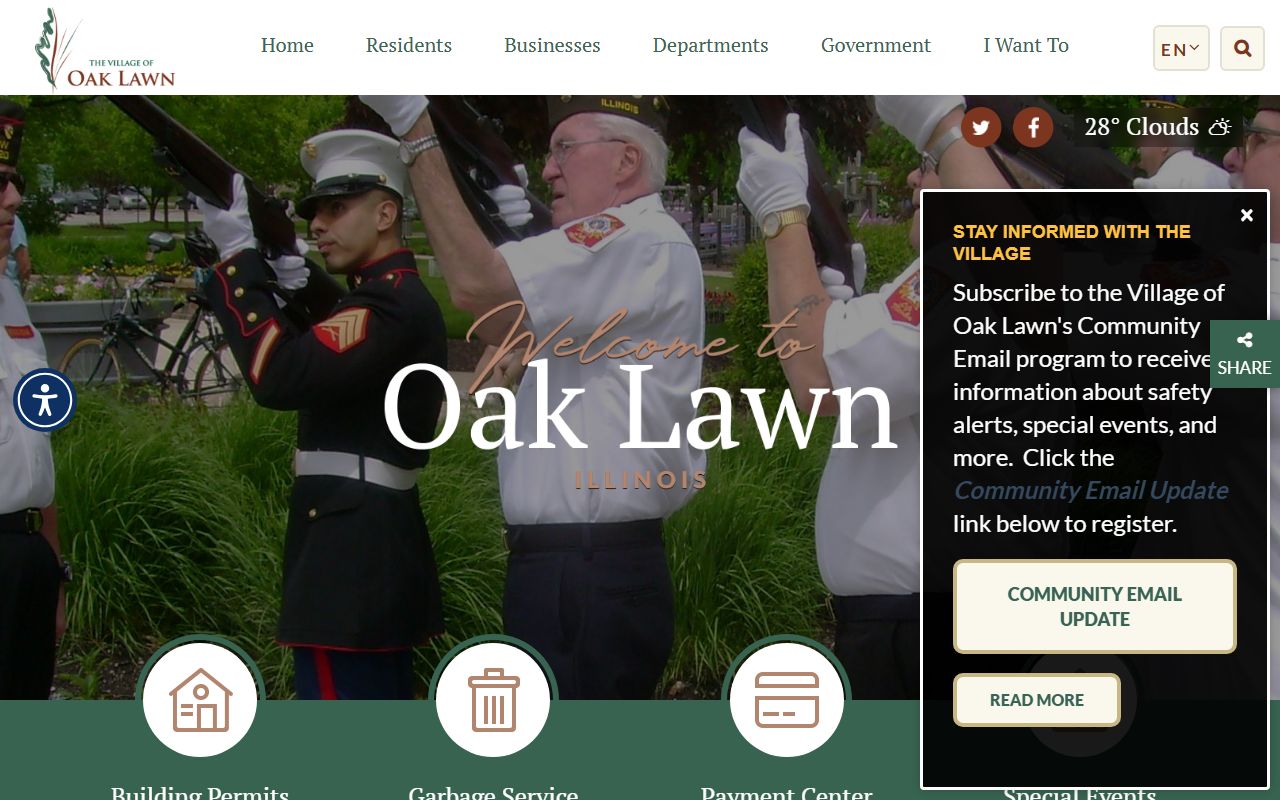 Oak Lawn White Pages village homepage showing government services and contact information