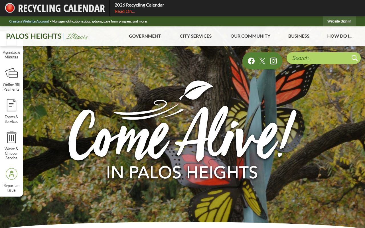 Palos Heights White Pages city homepage showing government services and contact information