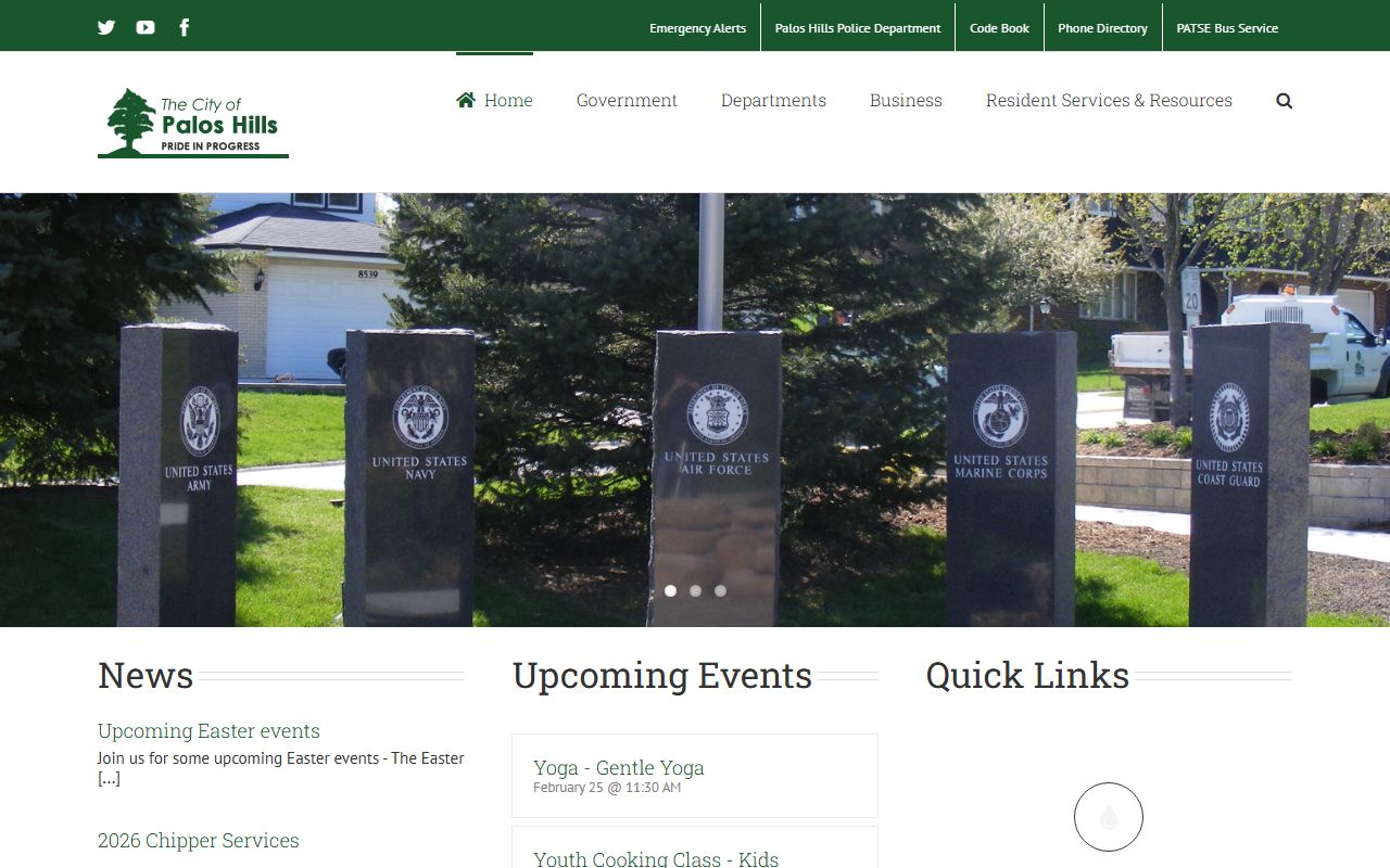 Palos Hills White Pages city homepage showing government services and contact details