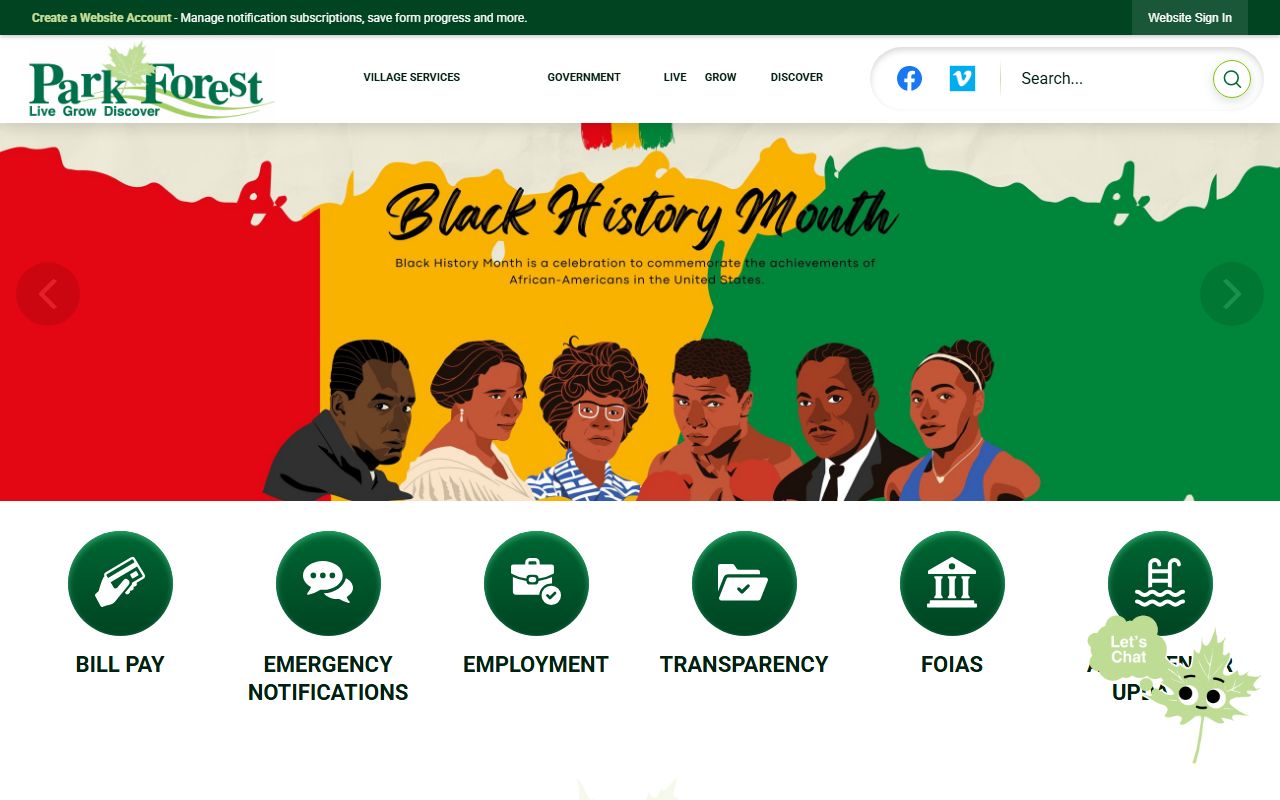 Park Forest White Pages village homepage showing government services and contact information