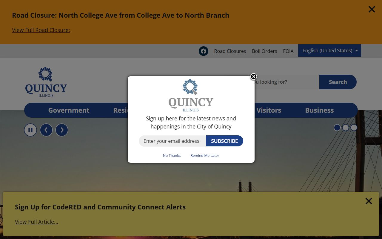 Quincy White Pages city homepage showing local government services and departments