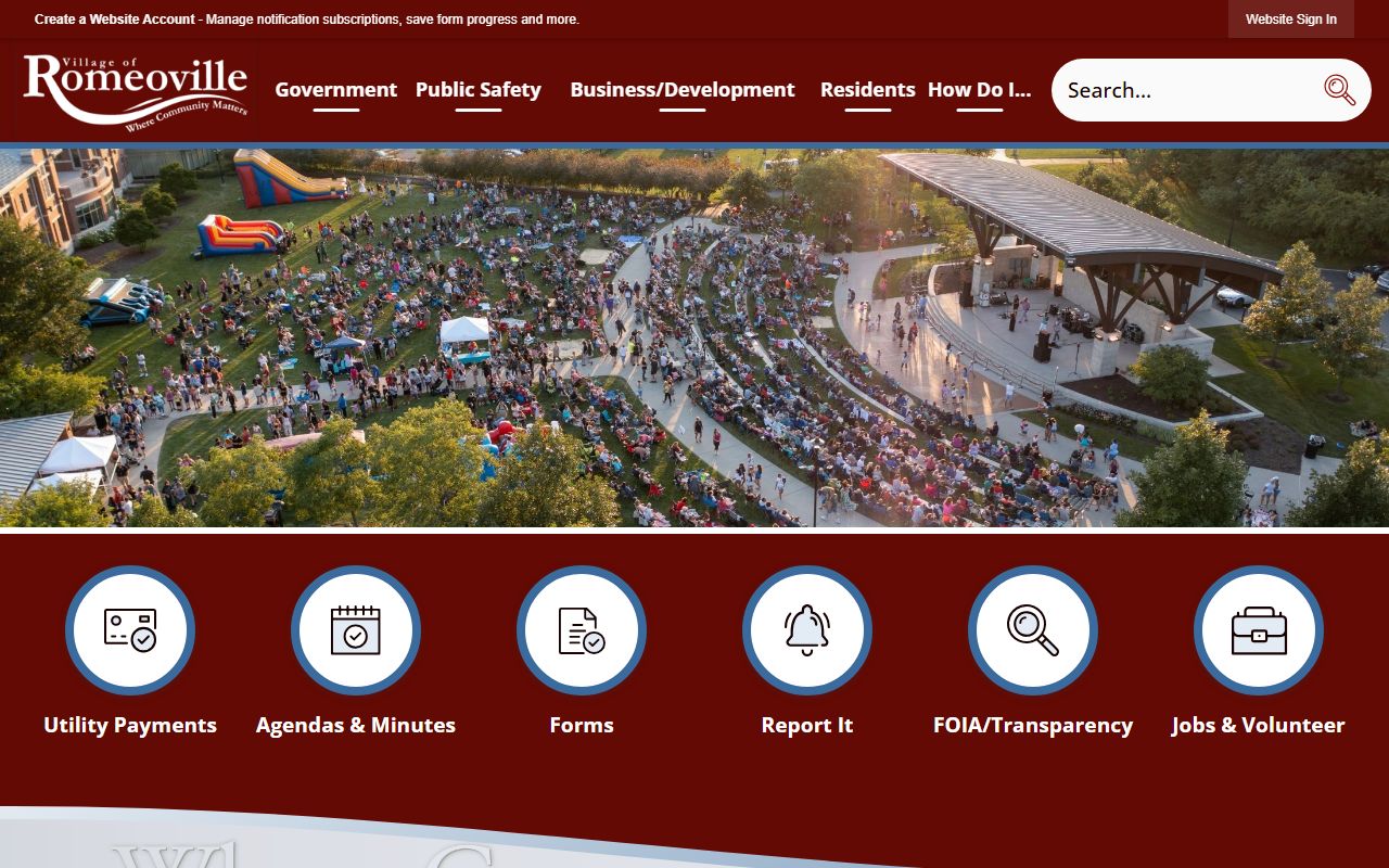 Romeoville White Pages village homepage showing local government services