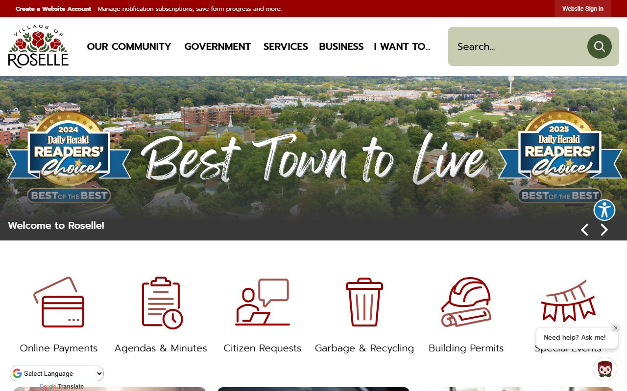 Roselle White Pages village homepage showing local government services