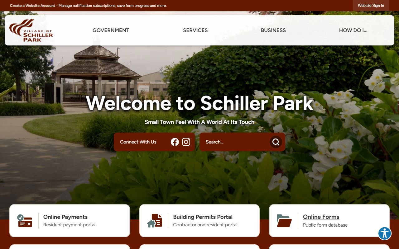 Schiller Park White Pages village homepage showing local government services