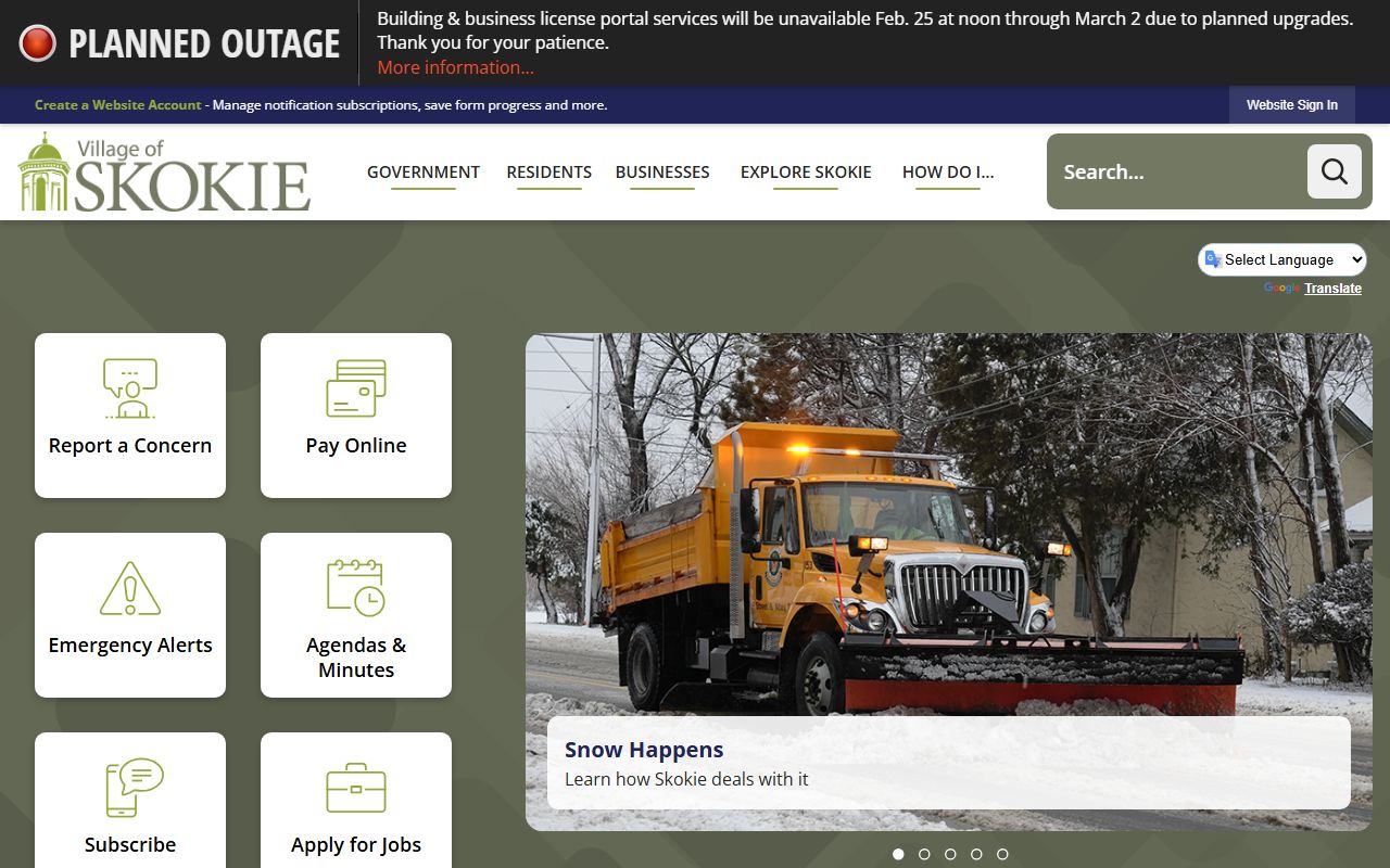 Skokie White Pages village homepage showing local government services