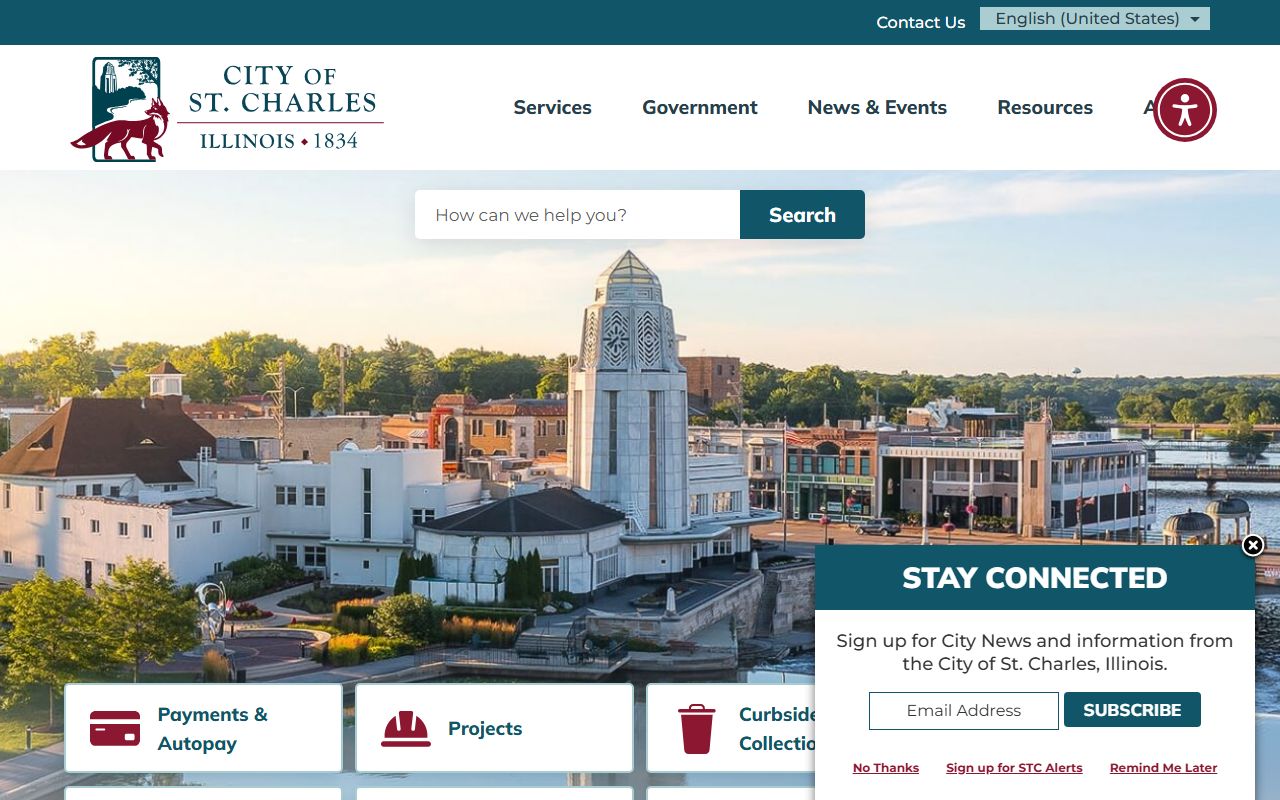 St. Charles White Pages city homepage showing local government services