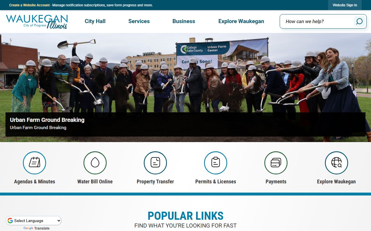 Waukegan White Pages city homepage showing local government services