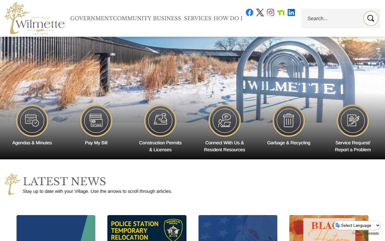 Wilmette White Pages village homepage showing local government services
