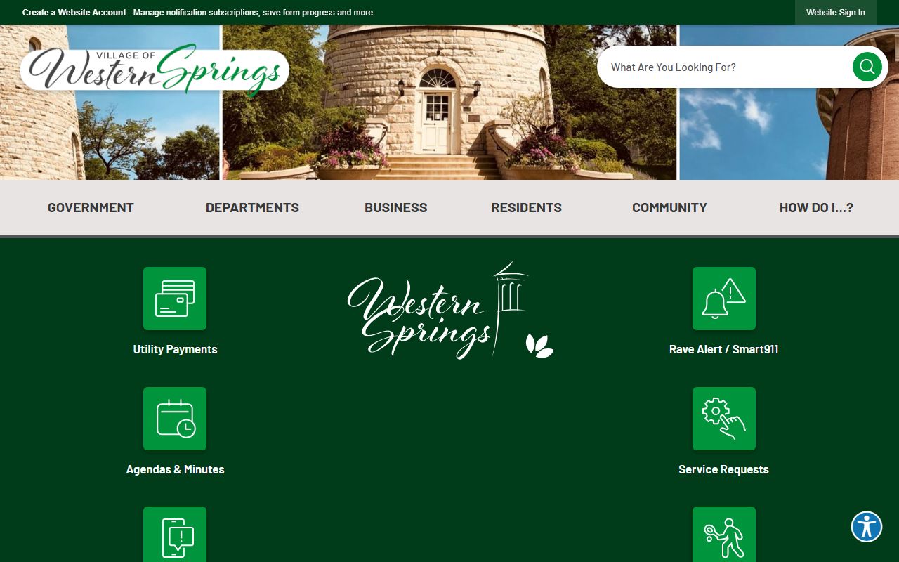 Western Springs White Pages village homepage showing local government services