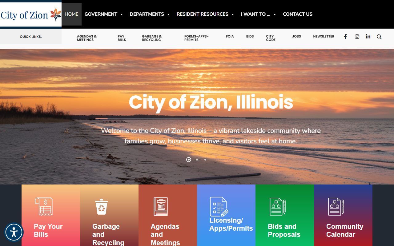 Zion White Pages city homepage showing local government services