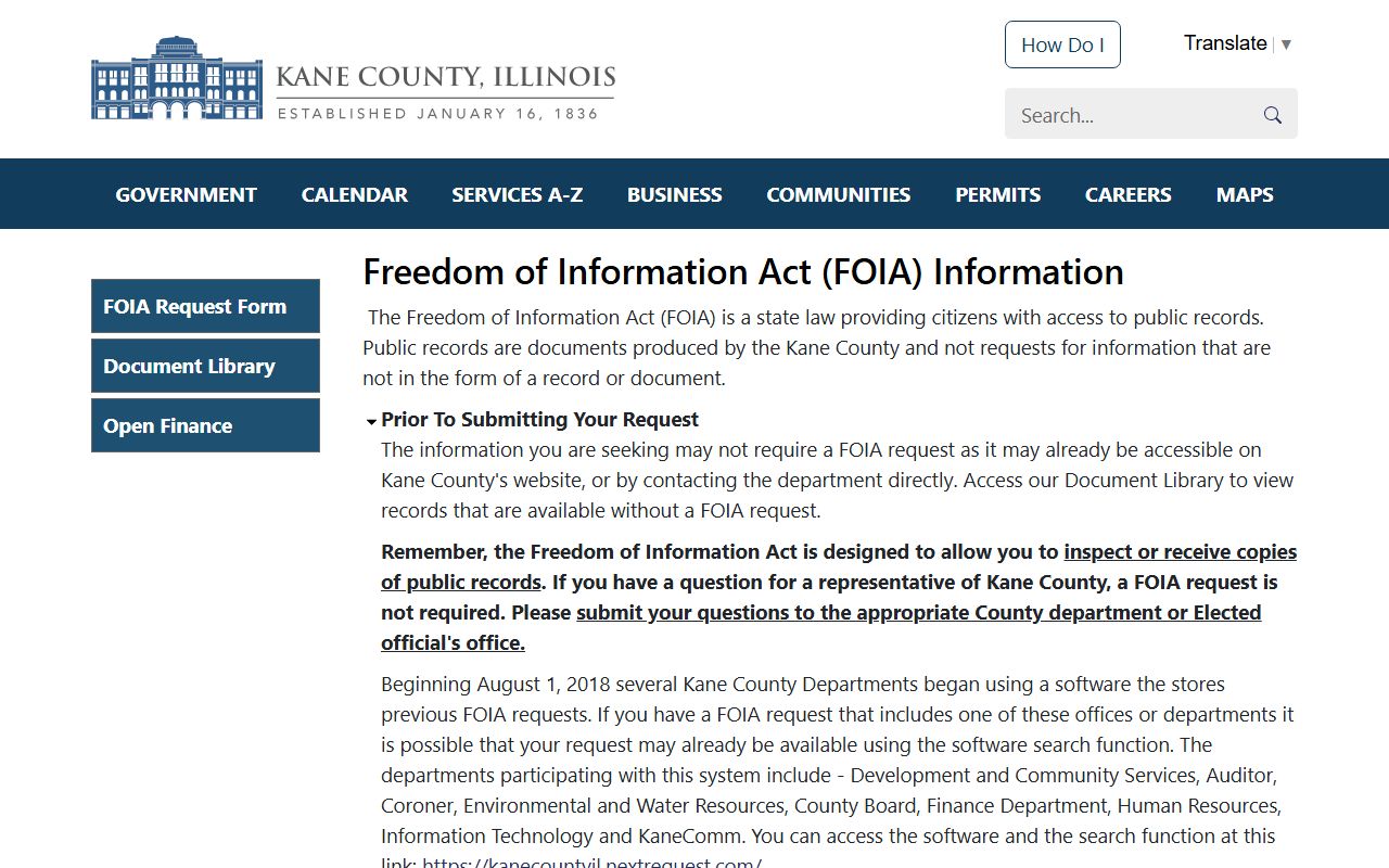 Kane County White Pages FOIA page