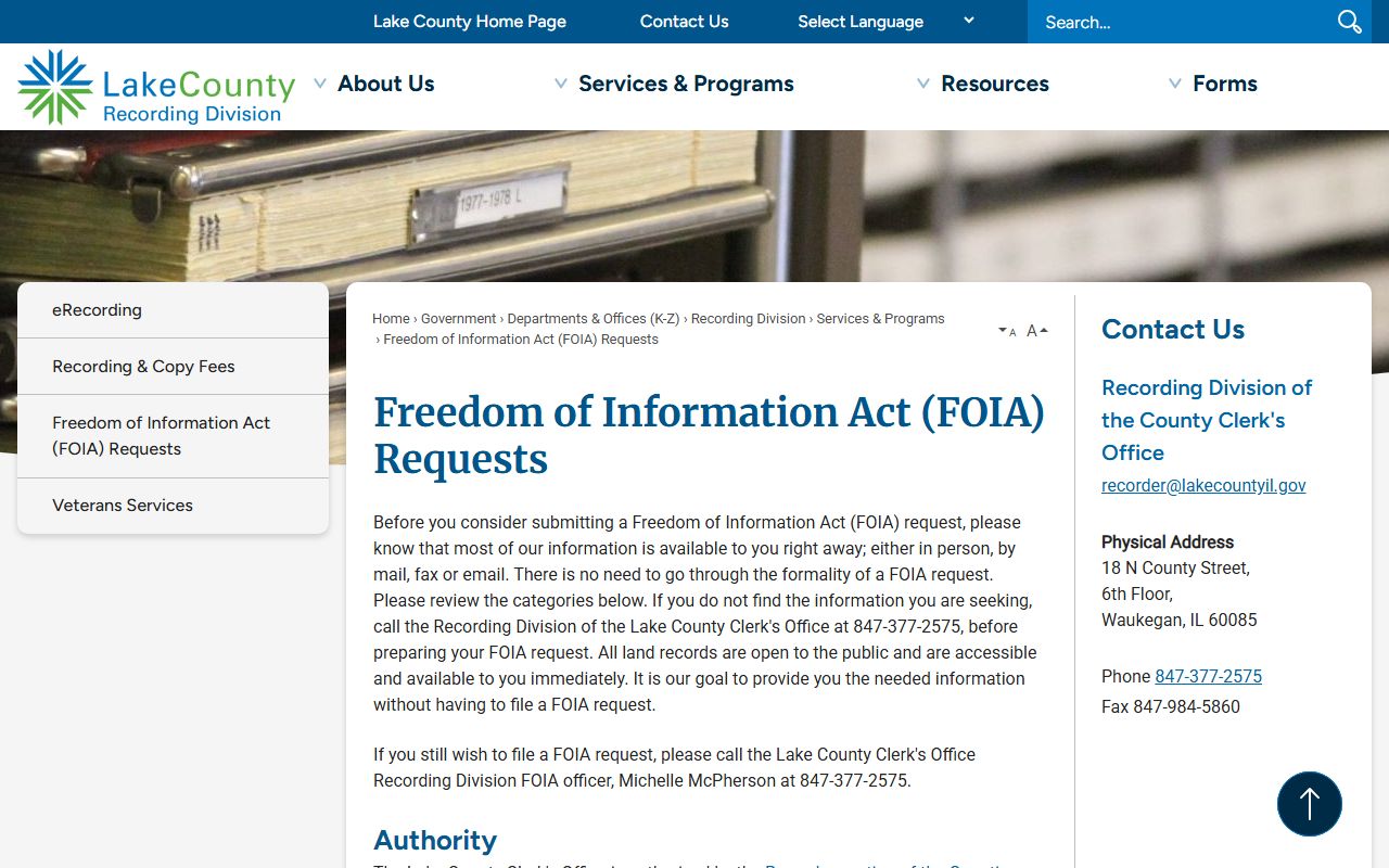 Lake County White Pages FOIA request page