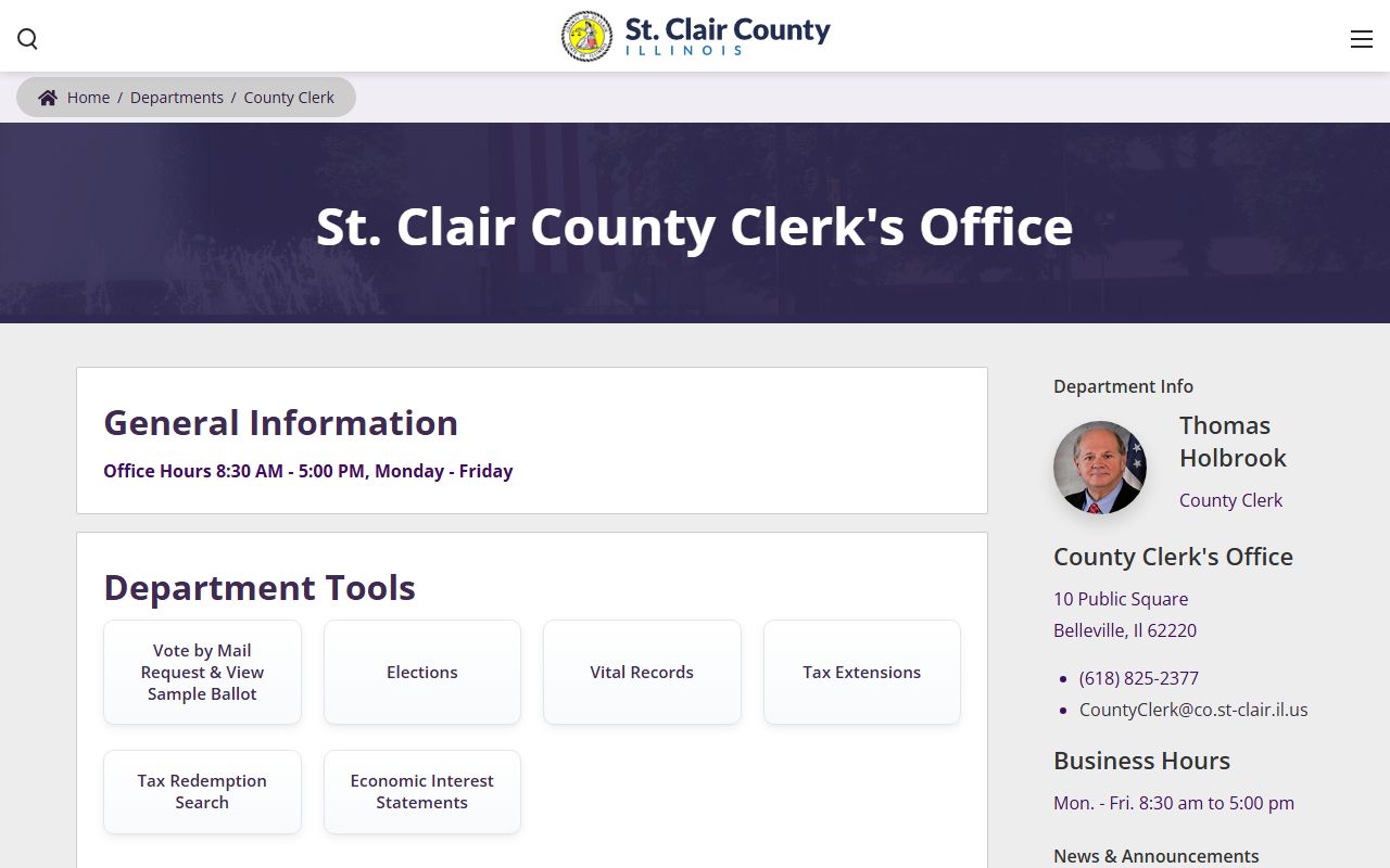 St. Clair County White Pages County Clerk page