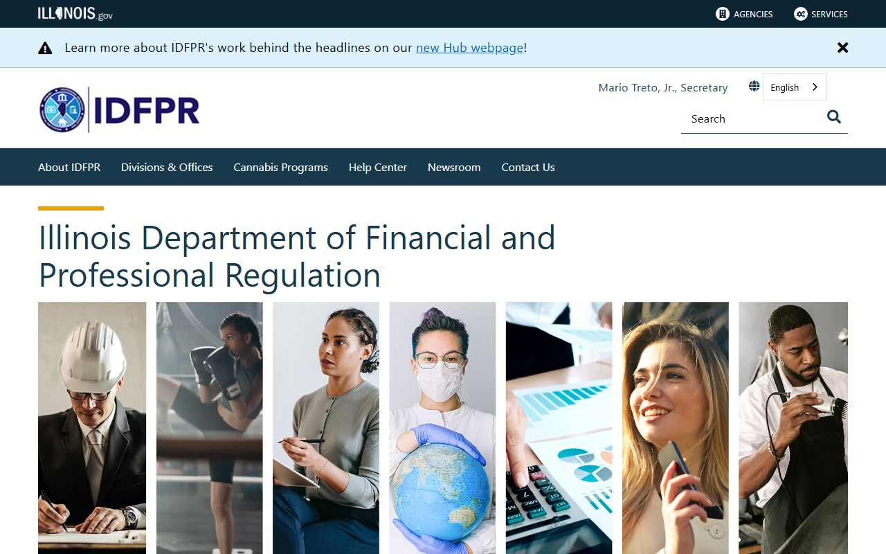 Illinois IDFPR homepage for white pages professional license search