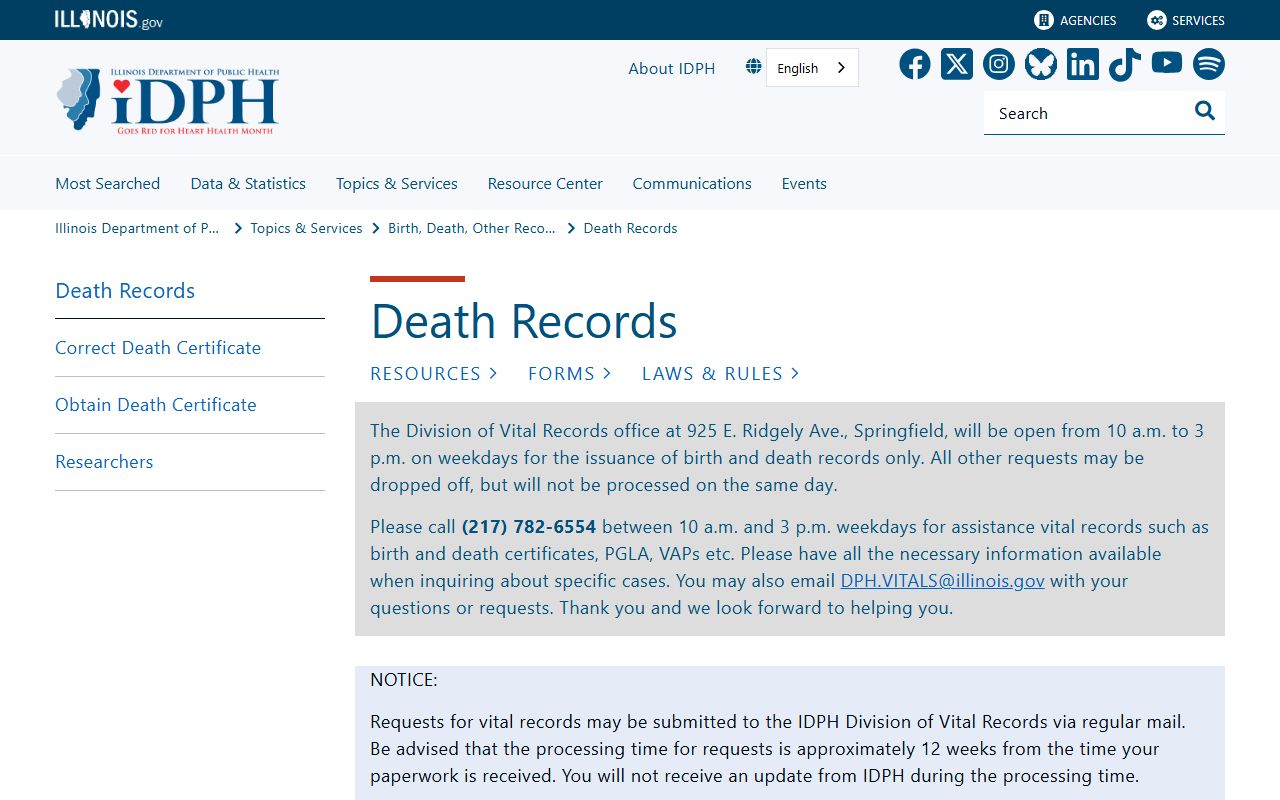 Illinois death records page for white pages lookups