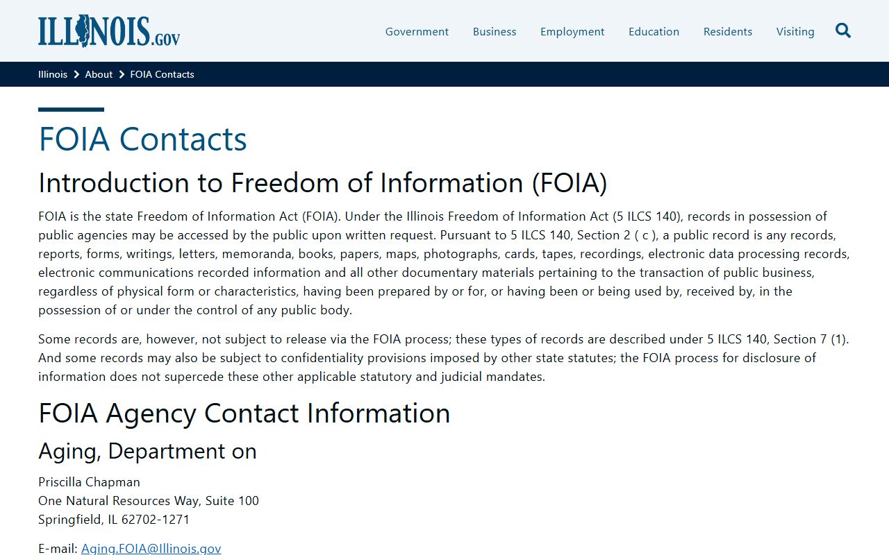 Illinois FOIA contacts page for white pages public records requests
